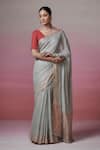 Buy_Dressfolk_Gray Linen V-neck Grey Handloom Saree Set _at_Aza_Fashions