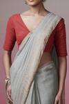 Shop_Dressfolk_Gray Linen V-neck Grey Handloom Saree Set 