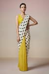 Buy_Dressfolk_Yellow Handloom Cotton V-neck And White Polka Dot Saree _at_Aza_Fashions