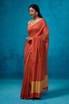 Dressfolk_Orange Chanderi V-neck Rust Handloom Saree _at_Aza_Fashions