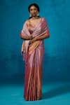 Buy_Dressfolk_Pink Tissue V-neck Handloom And Orange Saree Set _at_Aza_Fashions