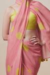 Buy_Dressfolk_Peach Handloom Cotton Pom-poms V-neck Polka Dot Saree Set