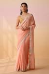 Buy_Dressfolk_Peach Linen Zari V-neck Handloom Saree With Blouse_at_Aza_Fashions