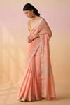 Shop_Dressfolk_Peach Linen Zari V-neck Handloom Saree With Blouse