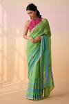 Buy_Dressfolk_Green Linen Embroidery Halter Neck Handloom Saree Set _at_Aza_Fashions