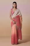 Buy_Dressfolk_Pink Linen V-neck Handloom Ombre Saree Set _at_Aza_Fashions