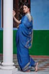 Shop_Dressfolk_Blue Linen V-neck Handloom Saree Set _at_Aza_Fashions