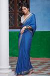 Buy_Dressfolk_Blue Linen V-neck Handloom Saree Set _Online_at_Aza_Fashions