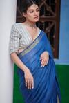 Buy_Dressfolk_Blue Linen V-neck Handloom Saree Set 