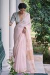 Buy_Dressfolk_Pink Linen V-neck Handloom Saree Set _at_Aza_Fashions