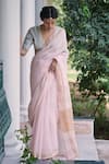 Buy_Dressfolk_Pink Linen V-neck Handloom Saree Set 