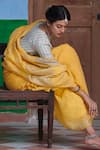 Shop_Dressfolk_Yellow Linen V-neck Handloom Saree Set 