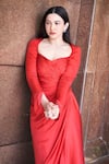 Buy_Aroka_Red Modal, Satin Sweetheart Neck Grace Ruched Dress _at_Aza_Fashions