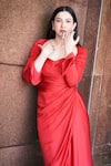 Buy_Aroka_Red Modal, Satin Sweetheart Neck Grace Ruched Dress 