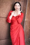 Aroka_Red Modal, Satin Sweetheart Neck Grace Ruched Dress _Online