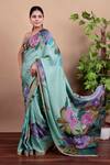 Shop_Nidhi Kejriwal_Green Tulle, Silk Sequins Hand-painted Floral Saree With Running Blouse Piece 