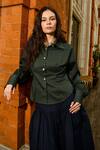 Therealb_Olive Green Cotton Collared Top And Navy Blue Skirt Set _Online_at_Aza_Fashions