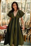 Therealb_Green Cotton Plunge Neck Designer Dress _Online_at_Aza_Fashions