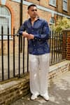 Therealb_Navy Linen Embroidery Designer Shirt With Leaf _Online_at_Aza_Fashions