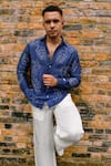 Shop_Therealb_Navy Linen Embroidery Designer Shirt With Leaf _at_Aza_Fashions
