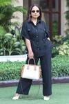 Ekavira_Black Linen Collared Shirt And Pant Set _at_Aza_Fashions