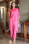 Ekavira_Pink Linen Collared Tunic And Pant Set _Online_at_Aza_Fashions