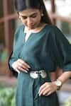 Ekavira_Green Linen V-neck Bottle Top And Skirt Set _Online_at_Aza_Fashions