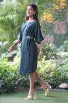 Ekavira_Green Linen V-neck Bottle Top And Skirt Set _at_Aza_Fashions