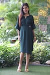Shop_Ekavira_Green Linen V-neck Bottle Top And Skirt Set _at_Aza_Fashions