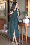 Ekavira_Green Linen Collared Bottle Dress _Online_at_Aza_Fashions