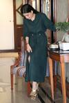 Ekavira_Green Linen Collared Bottle Dress _at_Aza_Fashions