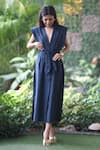 Buy_Ekavira_Blue Linen V-neck Dark Dress _Online_at_Aza_Fashions