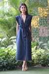 Ekavira_Blue Linen V-neck Dark Dress _at_Aza_Fashions