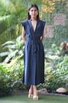 Buy_Ekavira_Blue Linen V-neck Dark Dress 