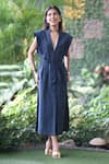 Buy_Ekavira_Blue Linen V-neck Dark Dress _at_Aza_Fashions