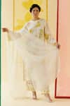 I AM Design_Ivory Silk Organza Applique, Embroidery Round Neck Work Suit Set _at_Aza_Fashions