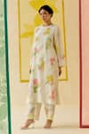 Shop_I AM Design_Ivory Silk Organza Applique, Embroidery Round Neck Work Suit Set 