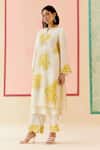 Buy_I AM Design_Ivory Silk Organza Applique, Embroidery Round Neck Suit Set With Mustard Work _Online_at_Aza_Fashions