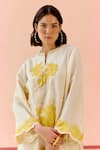Shop_I AM Design_Ivory Silk Organza Applique, Embroidery Round Neck Suit Set With Mustard Work _Online_at_Aza_Fashions