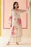 Shop_I AM Design_Ivory Silk Organza Applique Round Neck Suit Set With Red Pink Work _at_Aza_Fashions