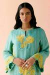 I AM Design_Mint Silk Organza Applique, Embroidery Round Neck Suit Set With Mustard Work _Online_at_Aza_Fashions