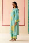 I AM Design_Mint Silk Organza Applique, Embroidery Round Neck Suit Set With Mustard Work _at_Aza_Fashions
