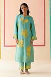Buy_I AM Design_Mint Silk Organza Applique, Embroidery Round Neck Suit Set With Mustard Work _at_Aza_Fashions