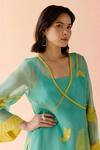 Shop_I AM Design_Mint Silk Organza Applique V-neck Suit Set With Mustard Work _Online_at_Aza_Fashions