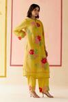 Shop_I AM Design_Mustard Silk Organza Applique, Embroidery Round Neck Work Suit Set _at_Aza_Fashions