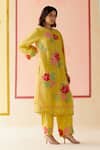 Shop_I AM Design_Mustard Silk Organza Applique, Embroidery Round Neck Suit Set With Work _at_Aza_Fashions