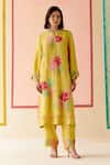 Buy_I AM Design_Mustard Silk Organza Applique, Embroidery Round Neck Suit Set With Work _at_Aza_Fashions