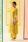 Shop_I AM Design_Mustard Silk Organza Applique, Embroidery Round Neck Suit Set With Work _at_Aza_Fashions