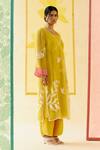 Shop_I AM Design_Mustard Silk Organza Applique, Embroidery Round Neck Suit Set With Work _Online_at_Aza_Fashions