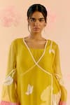 I AM Design_Mustard Silk Organza Applique, Embroidery Round Neck Suit Set With Work _at_Aza_Fashions